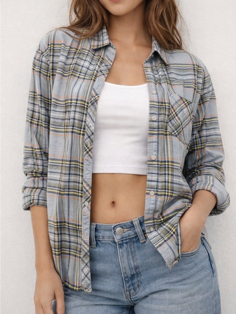Aerie Plaid Button-Up Shirt – Light Blue/Orange/Gray – Size M